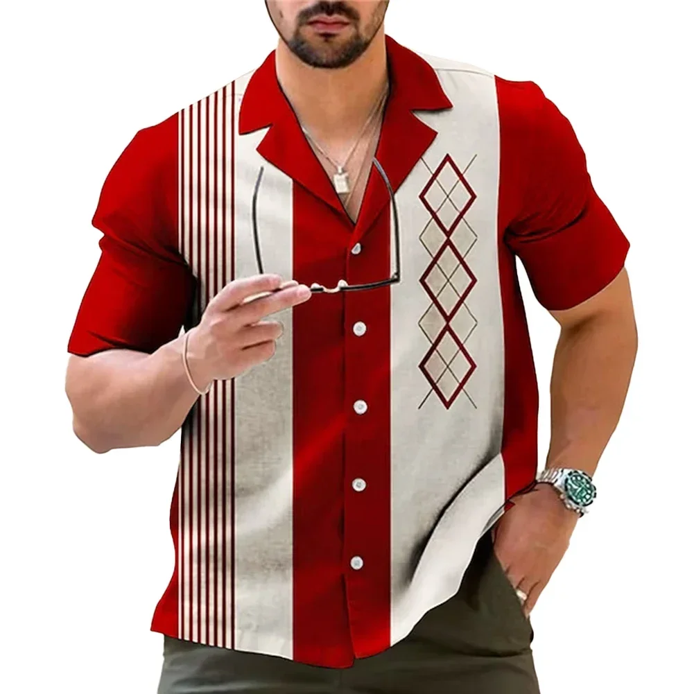 Chemise boutonnée à manches courtes pour hommes, chemise de bowling, rétro, rayé, vintage, décontracté