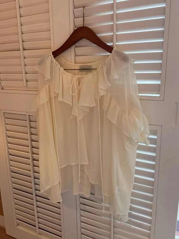 

Sweet Ruffled Lace Up Chiffon Shirt for Women's Autumn New Style Causal Thin Top
