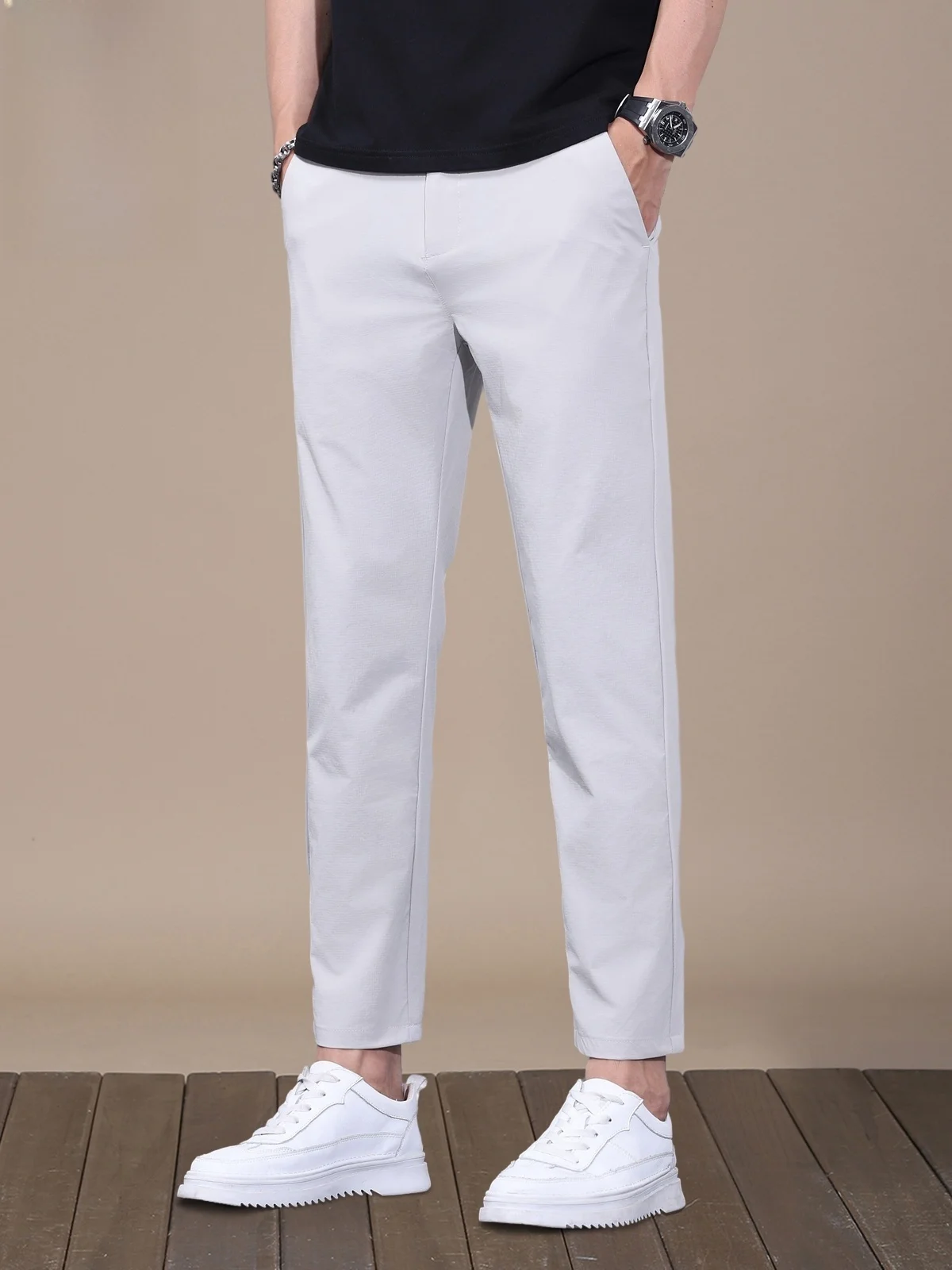 

Ice Silk Nine Points Casual Pants Men's Slim Fit Summer Trendy Versatile Long Trousers Youthful Elastic Fiber