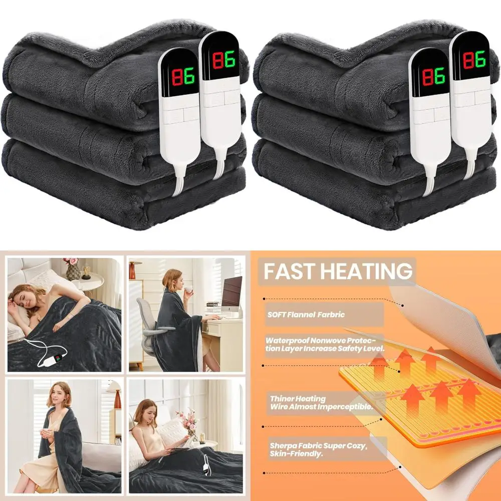 

Queen Size 84×90 Soft Electric Blanket with 6 Heat Settings, Dual Controls, Auto-Off & Washable - Grey