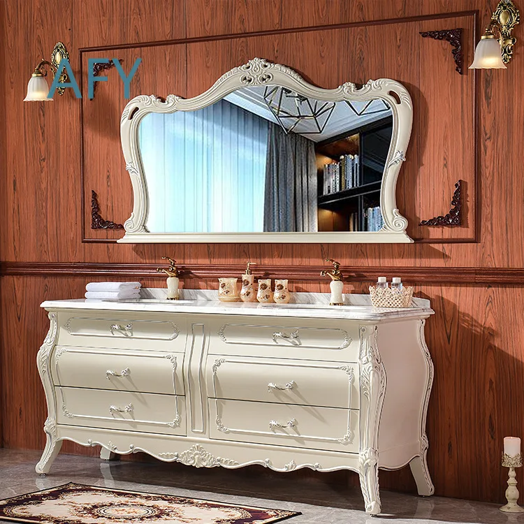 European Style Bathroom Cabinet for Oak Washbasin Sink Vanity Unit Solid Wood Bathroom Storage Combo with Mirror and Faucet