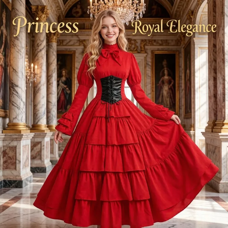 

Red Women Medieval Renaissance Dress S-2XL, Irish Long Gown with Cinch Belt, Vintage Gothic Lolita Cosplay for Halloween Party