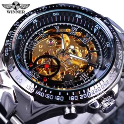 WINNER hot classic series gold movement steel men skeleton mechanical top brand luxury fashion automatic watch