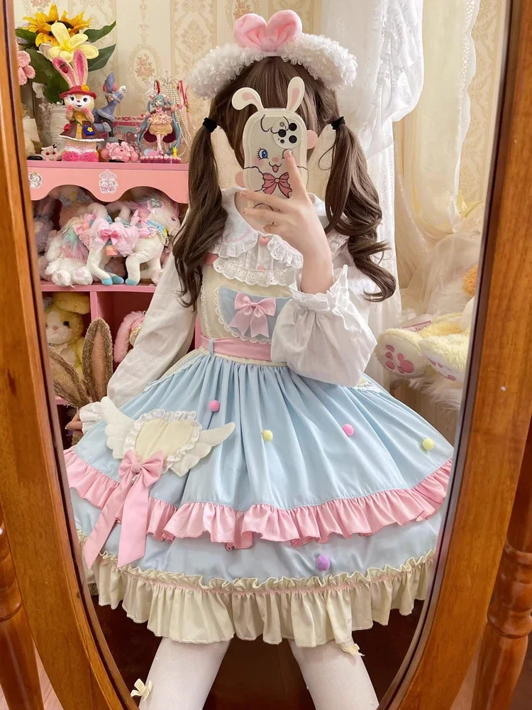 Kawaii princesa doce lolita a linha babados vestido cor contrastante arco manga cheia renda feminino querida vestidos jsk