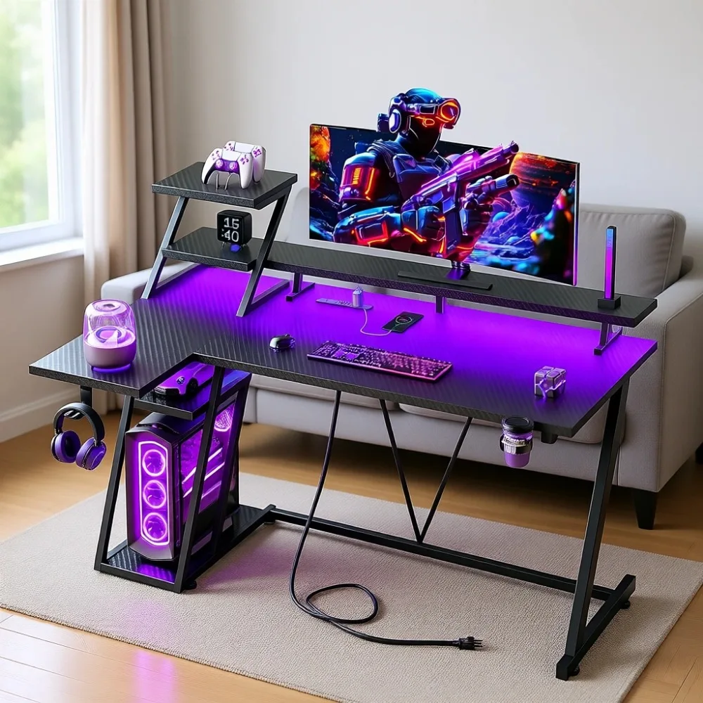 40 Inch L-Shaped Gaming Desk with LED Lights and Power Outlet, featuring Storage Shelves and Monitor Stand for Home Office