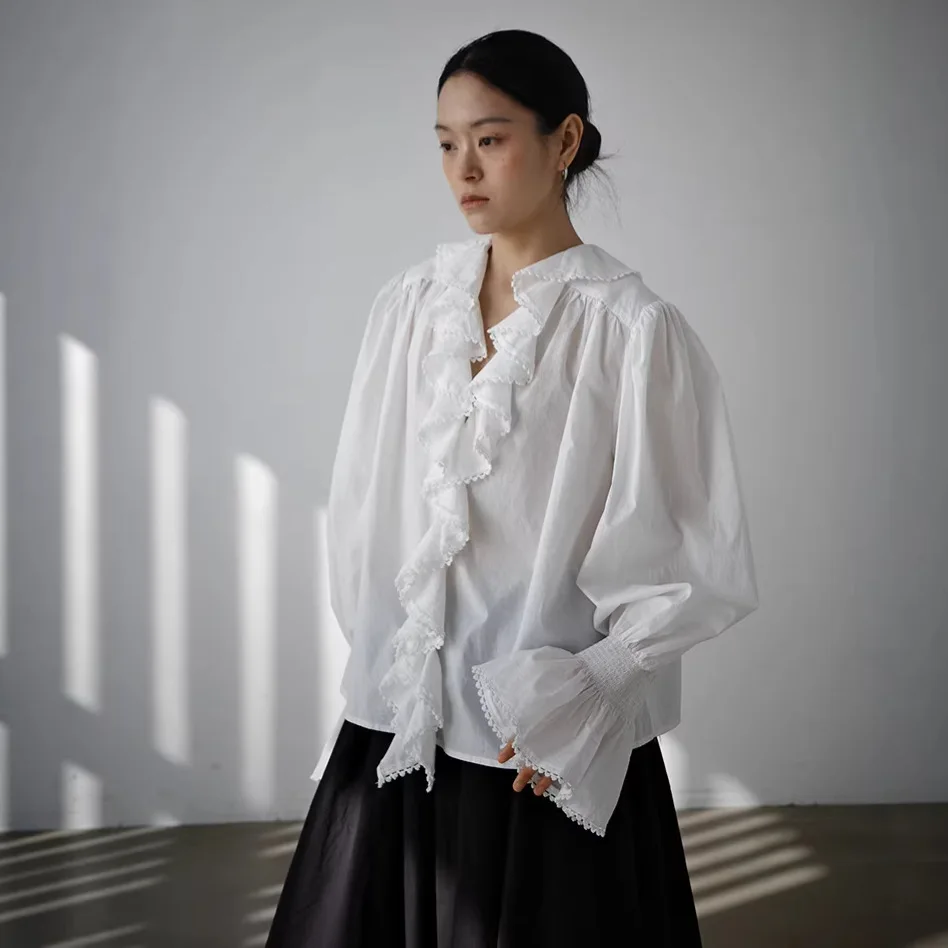 

Gagarich Summer New Japanese Style Texture Temperament LER Wind Lotus Leaf Collar Washed Shirt Retro Fashionable Slimming Top