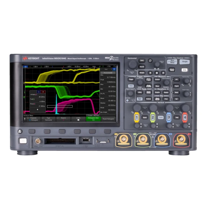 Keysight DSOX3104G 1 GHz oscilloscope provides 4 analog channels, 4 Mpts memory, 1,000,000 waveforms/sec update rate