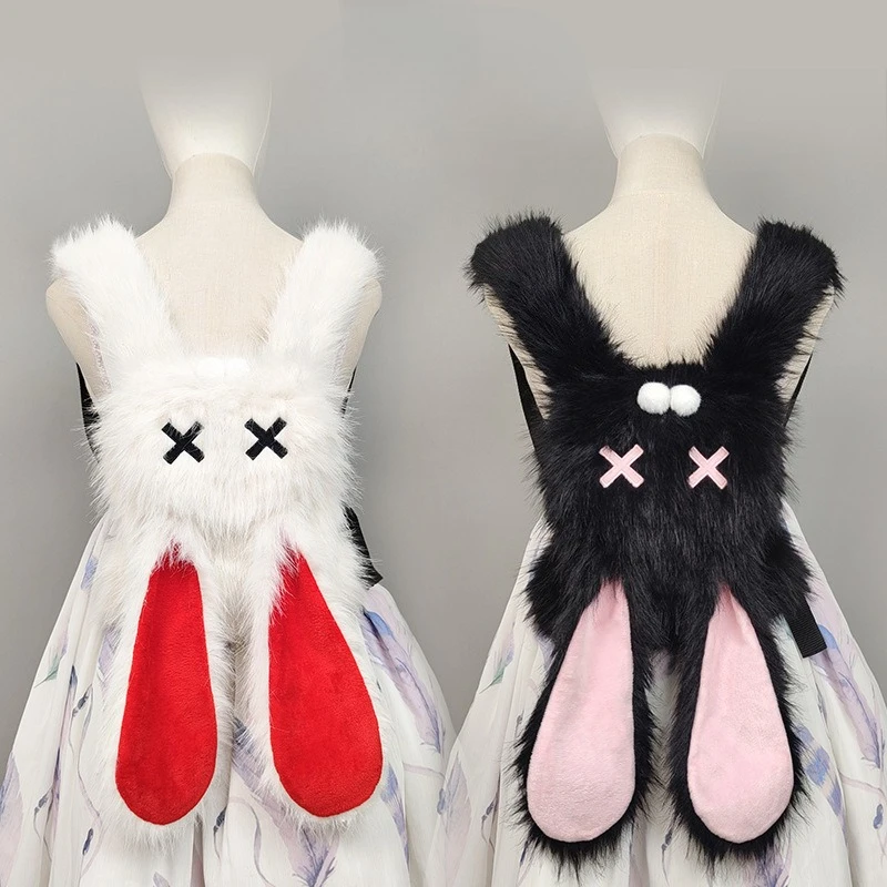 Y2K Punk Plush Bunny Backpack with X Eyes and Long Ears Large Capacity Goth Alt Bag for Women Girls School Travel Cosplay