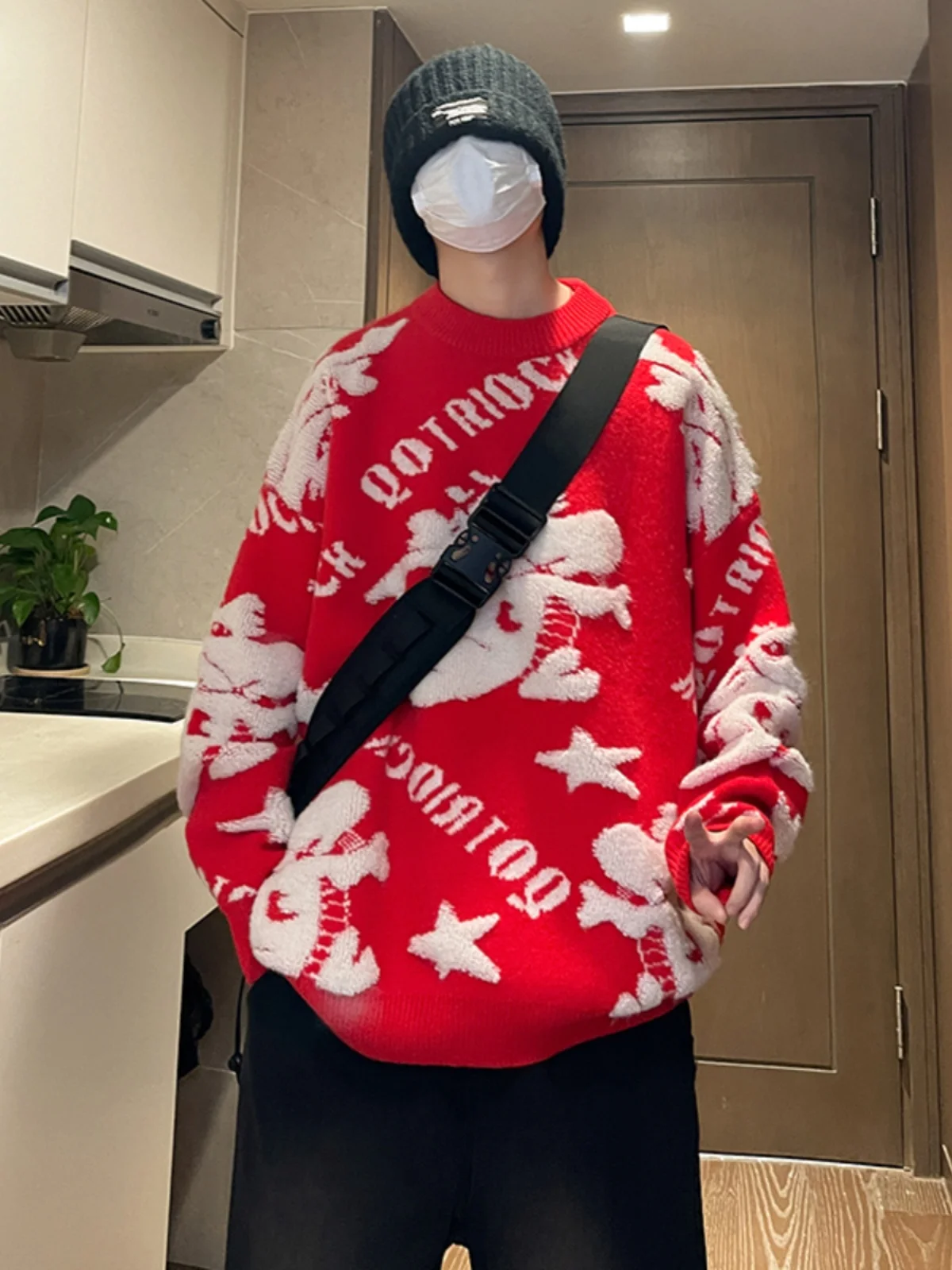 

Красный свободный вязаный свитер для мужчин, весна-осень 2024, модный американский ретро-стиль, удобный крой, трикотажная одежда