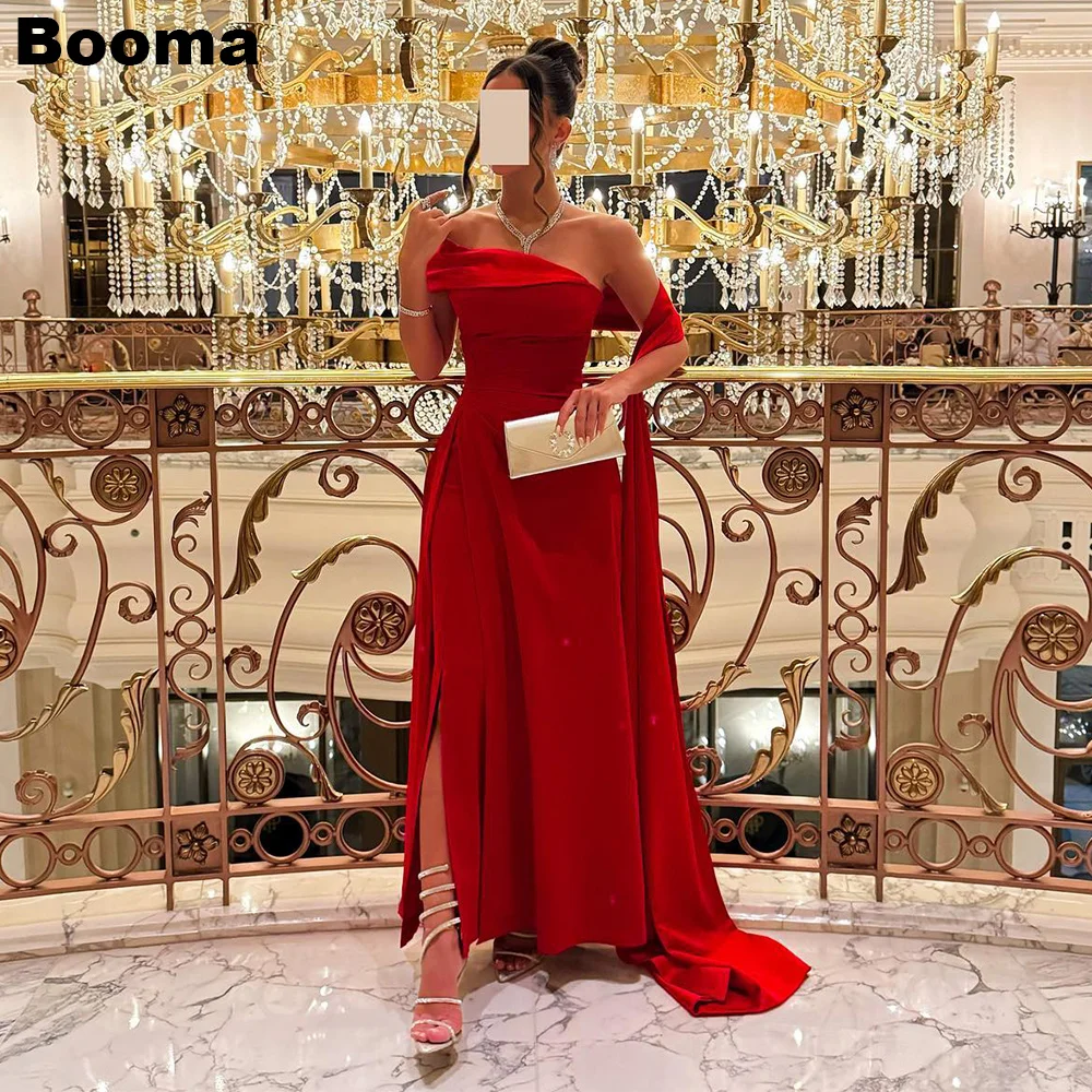 

Booma Red Stain Women's Evening Dresses Side Slit Party Prom Gowns Ankle Length Formal Occasion Dresses with Cape Outfits Dubai