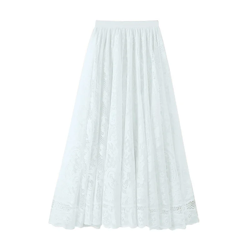 

2024 New Summer and Autumn Lace Skirt Women's New A-line High Waist Large Swing Thin Gauze Hollow Fold Half Skirt P983