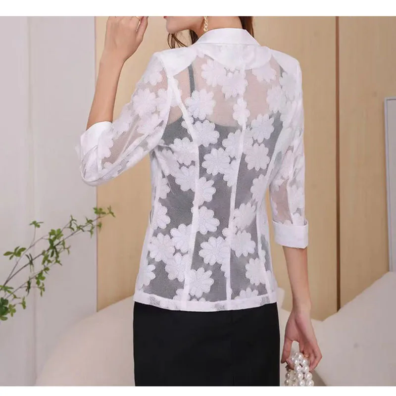 Blazer Spring and Summer Women\'s Lace Coat Simple Commuting Elegant Slim Fit Temperament Versatile Fashion Comfortable Top 2023