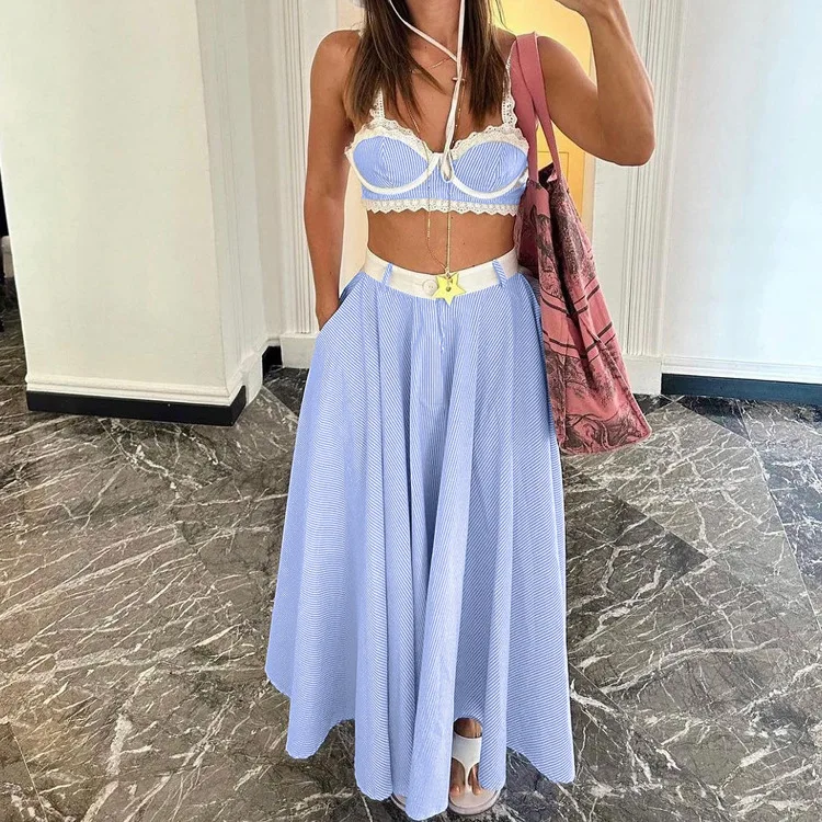 

Lace Patchwork Camisole Vest + A-line Skirt Hot Girl Set Women's High Waist Skirt Bras Sweet Blue Beach Summer Two-piece Set