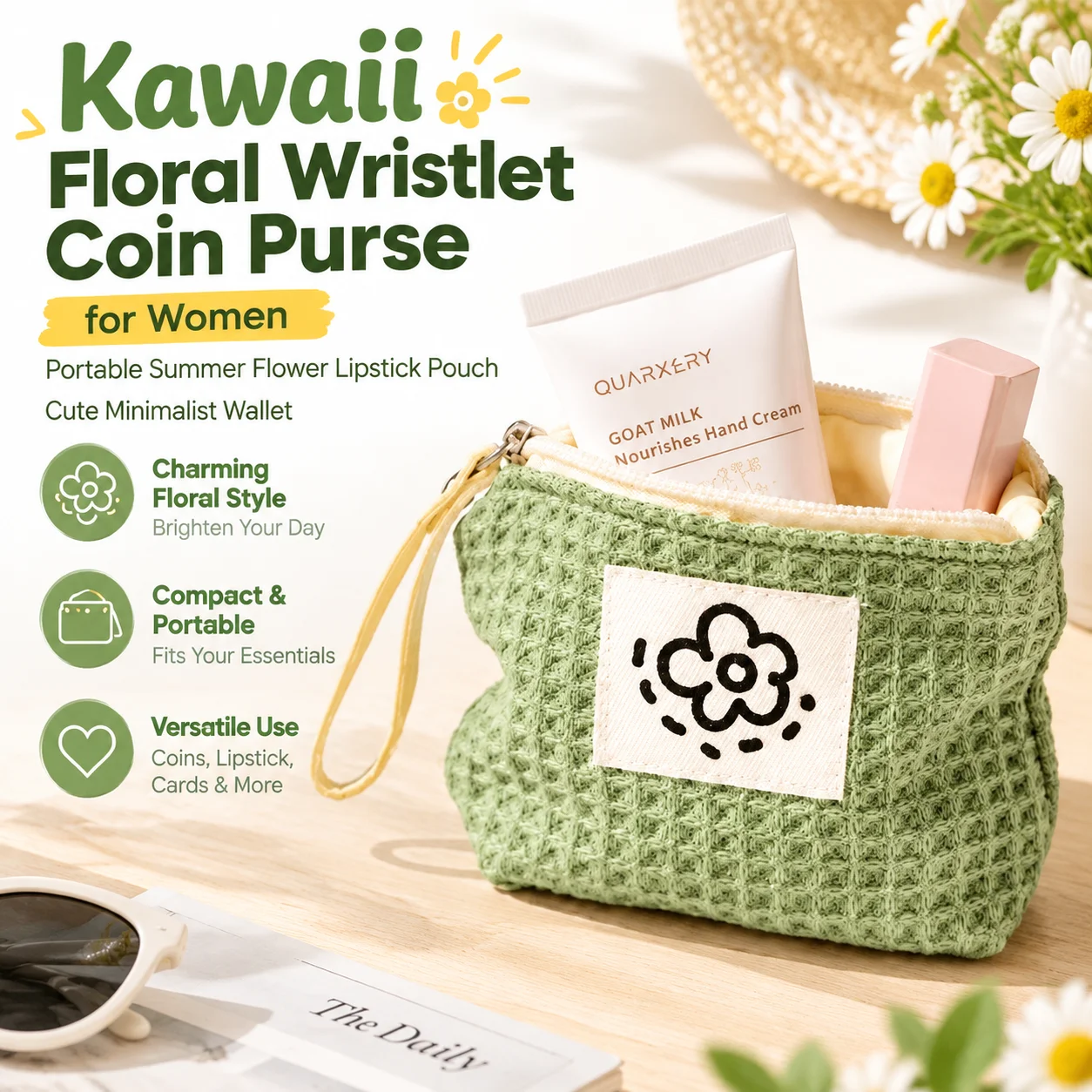 Kawaii Floral Wristlet Coin Purse for Women Portable Summer Flower Lipstick Pouch Cute Minimalist Wallet