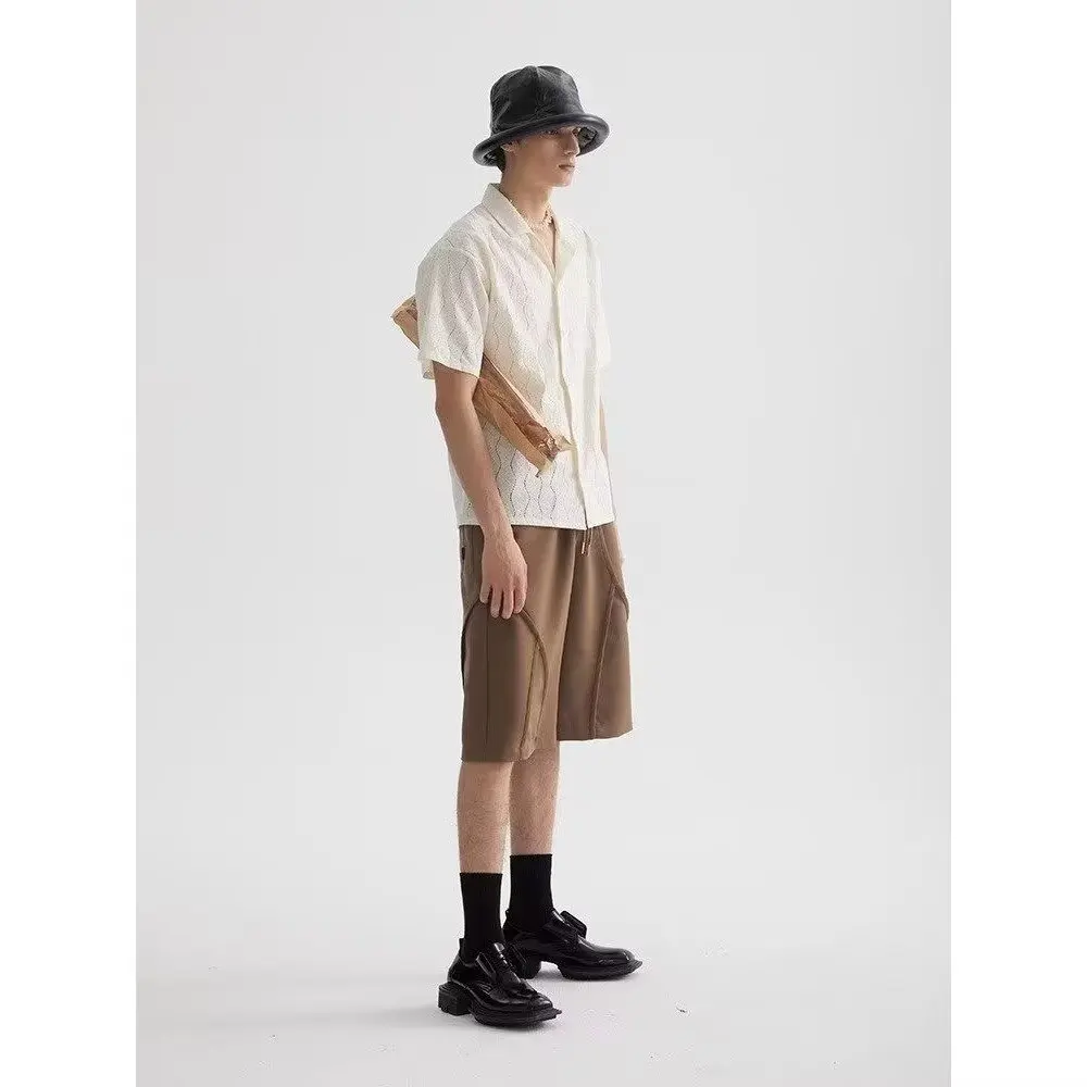 

Ele Lace Hollow out Cuban Collar Vintage Light Brown oulder Drop ort Sve Neutral Men Women Summer irt