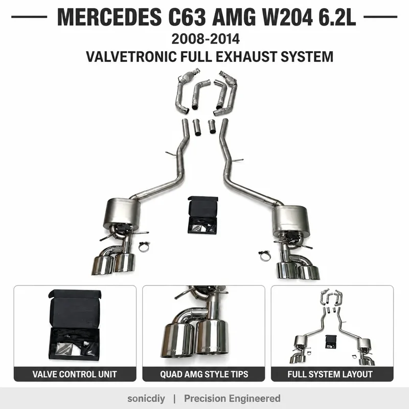 SS304 Valvetronic Full Exhaust for Mercedes C63 AMG W204 V8 2008-2014 Quad Tip Direct Fit Downpipe Catback Exhaust