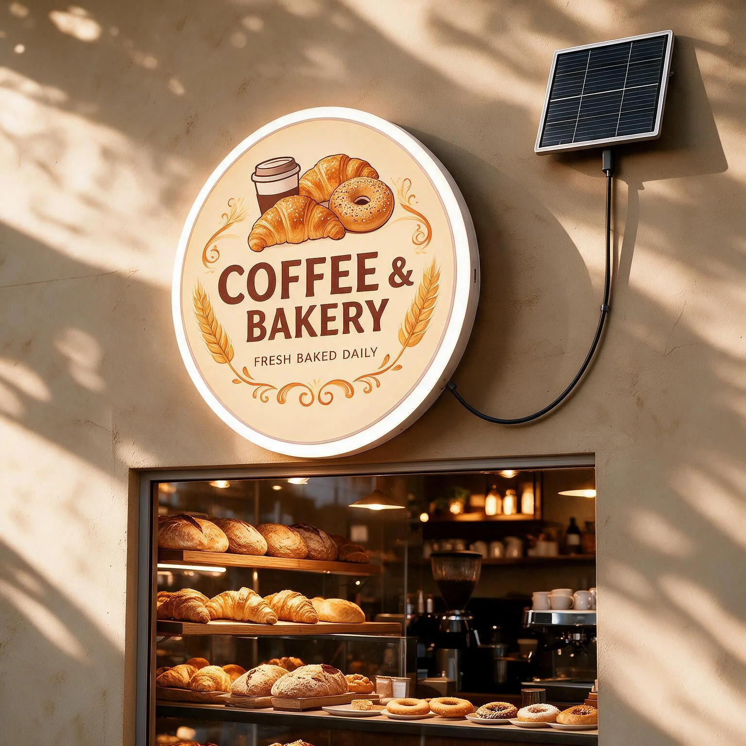 Custom Solar Powered Round Light Box Sign Waterproof Outdoor Wall Mount LED Advertising Signage for Bar Shop Coffee Shop