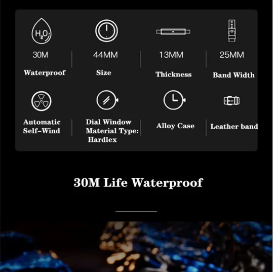 ساعة Glenaw ميكانيكية أوتوماتيكية بالكامل للرجال باللون الأسود، شخصية عصرية ومقاومة للماء