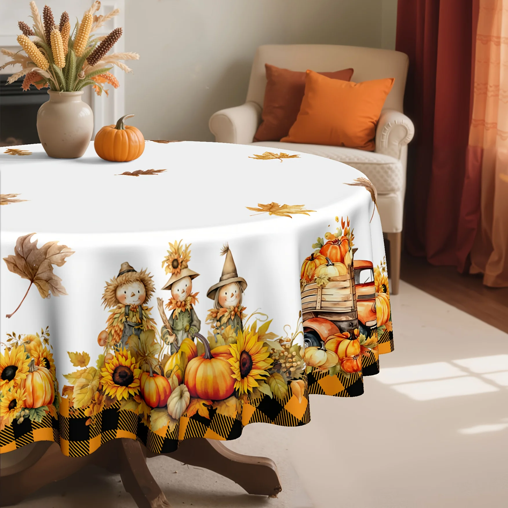 One 2D flat-printed tablecloth, 59X59 inches / 150X150 centimeters, with autumn harvest scarecrow patternzyc