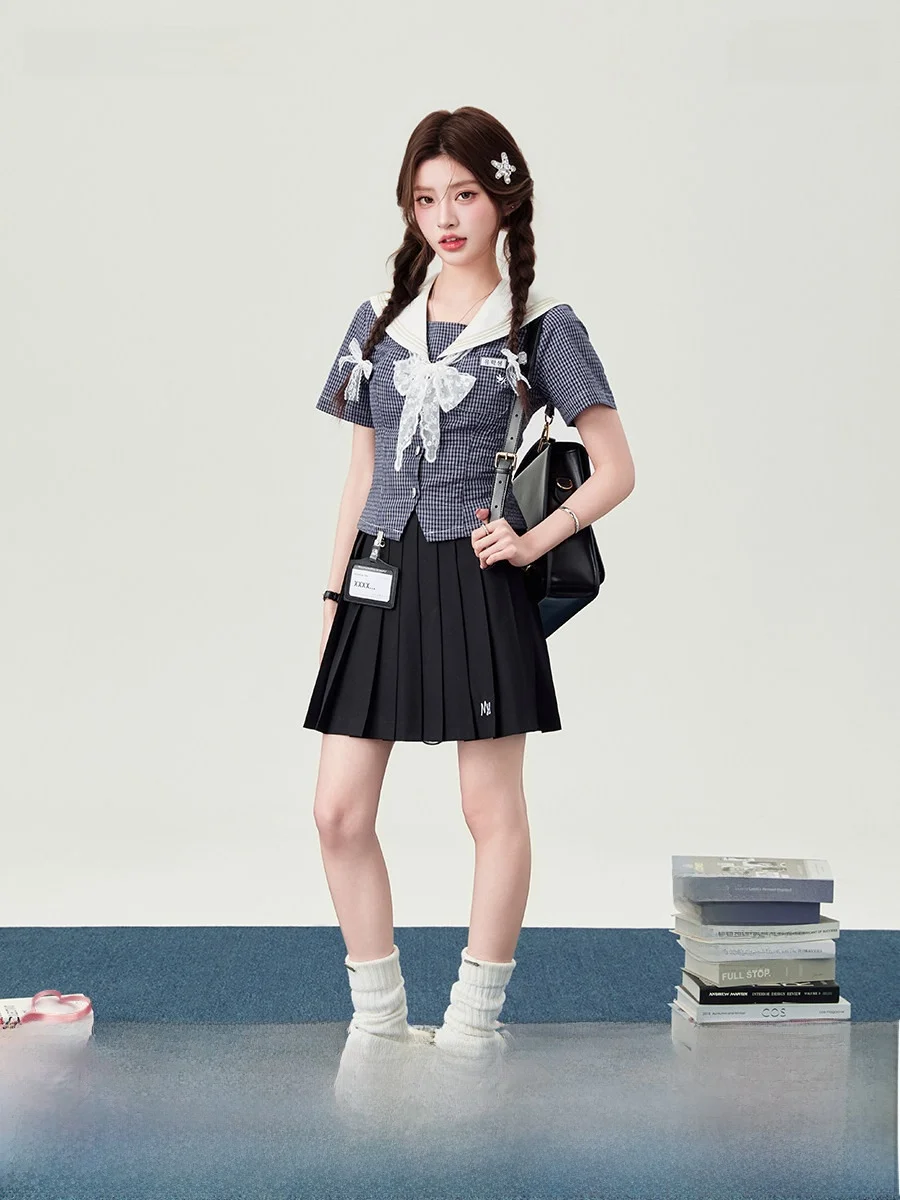 

Slim Fit Shirt And Shorts Set for Women Summer Season Plaid Pattern Short Sleeve Fashionable School Style Japanese Style Top