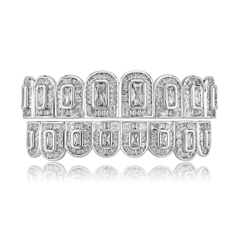 Hip Hop Cubic Zirconia Paved Bling Iced Out Flat Teeth Grillz Top Bottom Dental Grills Men Rapper Jewelry Gold Silver Color