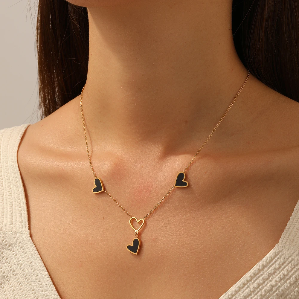 DIEYURO 316L Stainless Steel Black Heart Hollow Out Love Classic Pendant Necklace Lady  Trend Vacation Clavicle Chain Jewelry