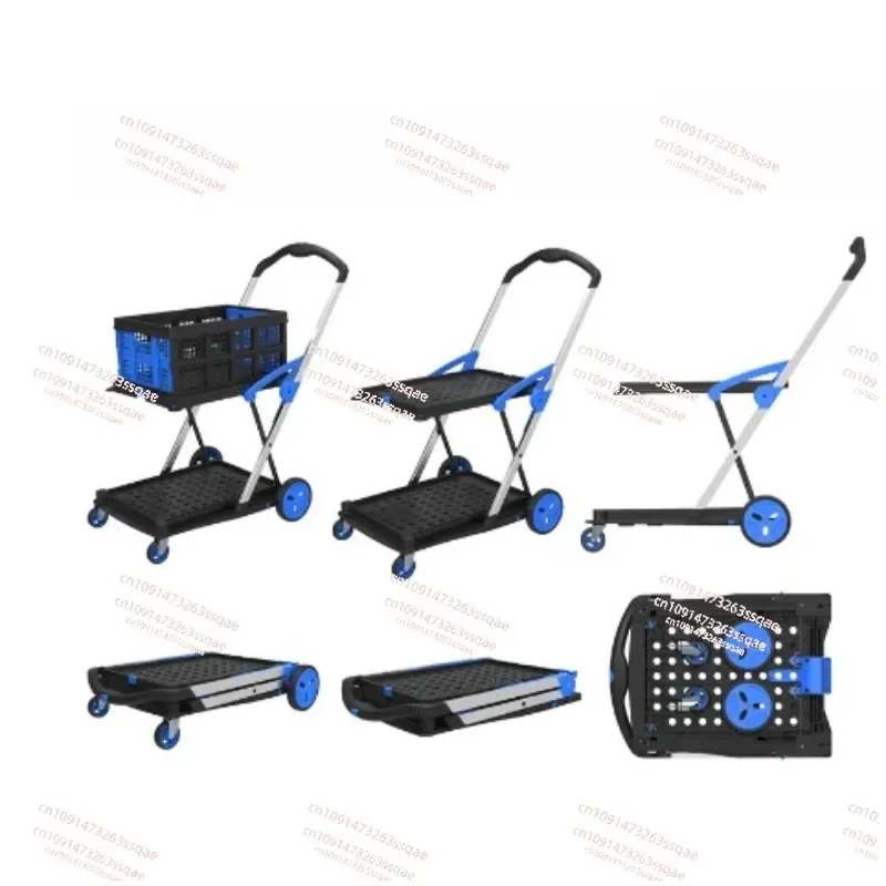 Double layer portable foldable trolley with wheels and storage box, shopping cart, folding grocery cart, office trolley