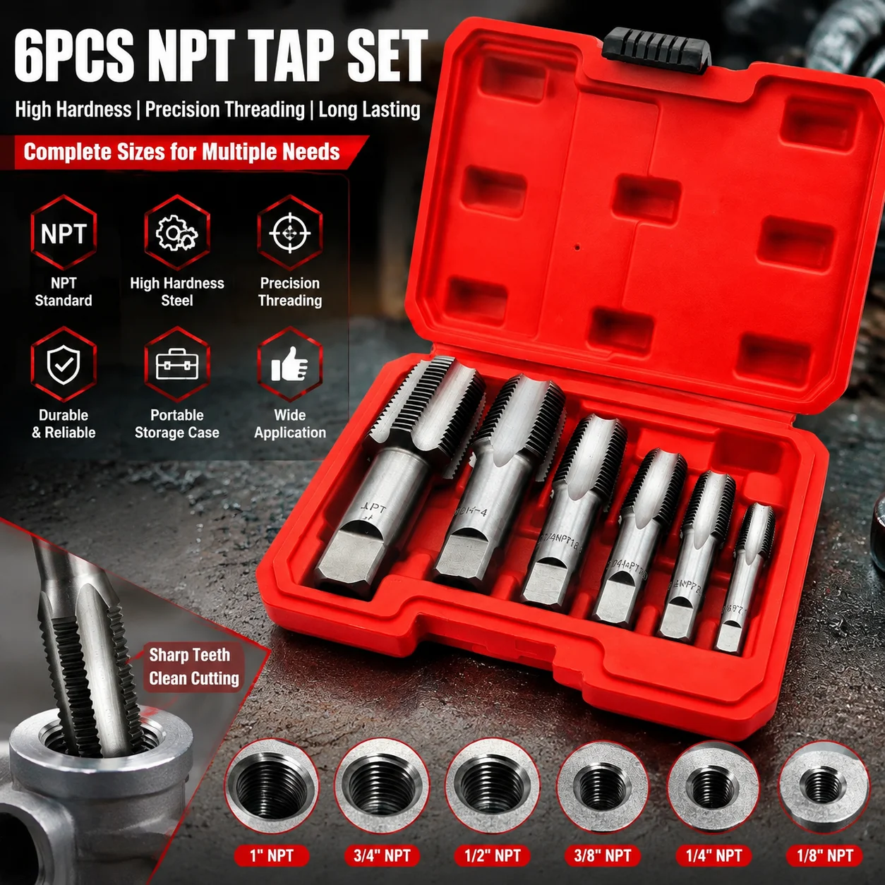 Image of 6-teiliges NPT-Rohrgewindebohrer-Set 1/8"-1" Sanitär-Reparaturwerkzeug-Kit aus Hochkohlenstoffstahl mit Aufbewahrungskoffer