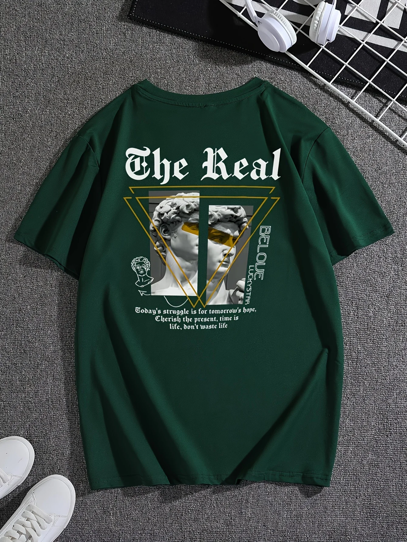Split David Statue with The Real Gothic Text Print on Premium Soft 100% Cotton Mens T Shirt Perfect Summer Art Streetwear Style