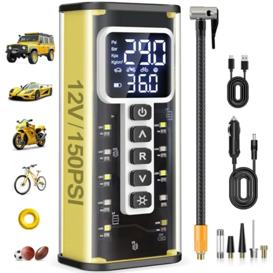 

Portable Air Compressor with 20000mAh Battery and 150PSI Tire Inflator for Car SUV Ball Bike Electric Pump with 12V AC/DC Dual