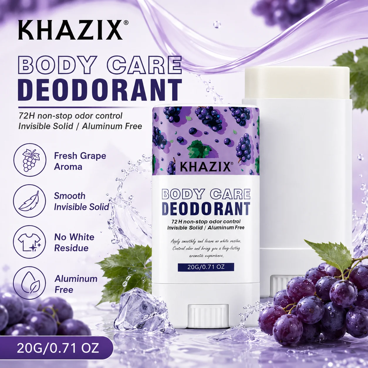 20g Body Deodorant Stick Aluminum Free Invisible Solid 72H Odor Control Long Lasting Freshness Grape Scent Daily Care