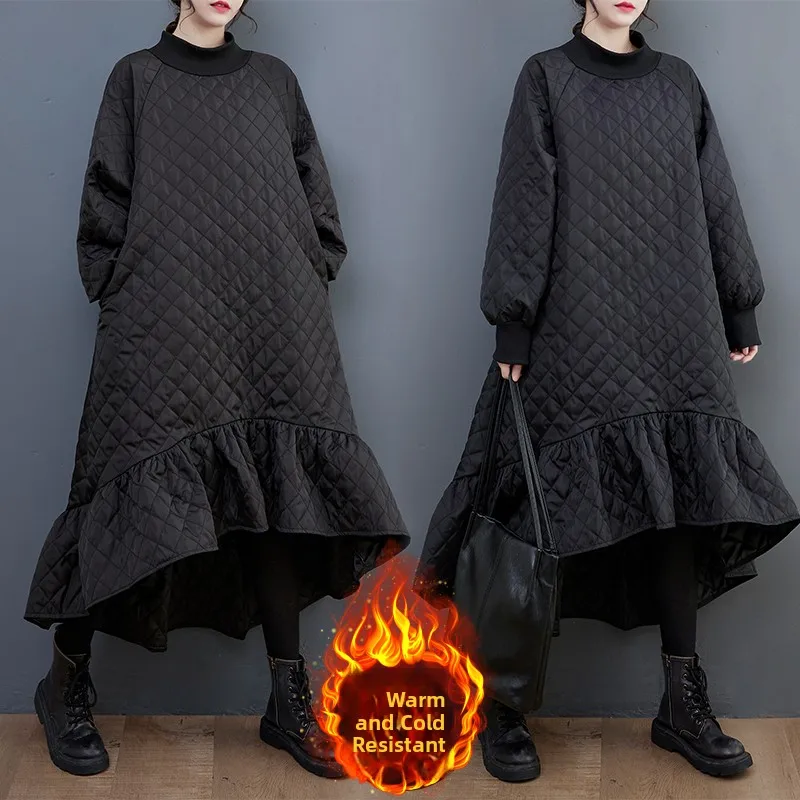 Long Sve Women's Dr Autumn Winter Loose Slimming Fi Tail Cotton Clothes Korean Sle F High Collar Thiened 2025