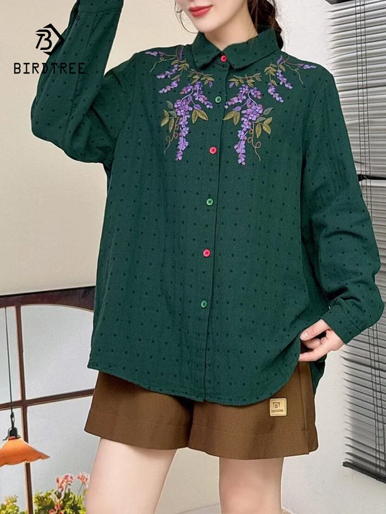 

New 2025 Winter Cotton Long Sleeve Shirt, Women Turn-down Collar Embroidery, Mori Girl French Dot Commute Loose Blouse T5N654CC
