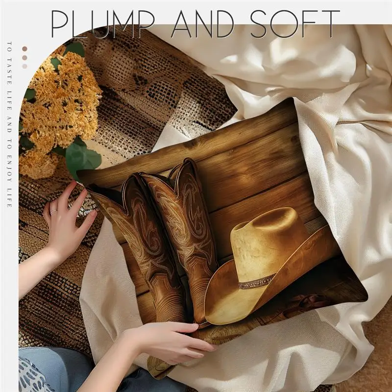 Short plush material pillowcaseHome Decor Cowboy Boots & Hat Printed Pillow Cover Pattern Cushion Cover Suitable for Sofa Bedroo