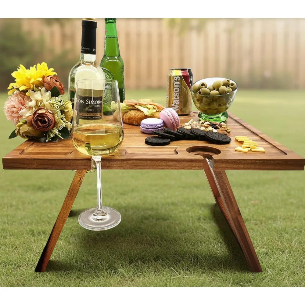 

Portable Acacia Wood Wine Picnic Table with Larger Tray - Foldable Charcuterie Board for Romantic Camping & Parties