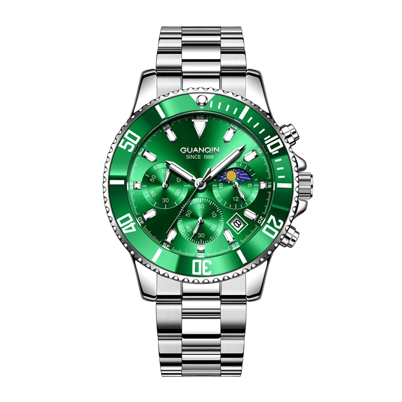 Guanqin 2024 New Men Quartz Watch  Fashion Green Watch Men\'s Waterproof Stainless Steel Watch Men Multifunctional Luminous Clock