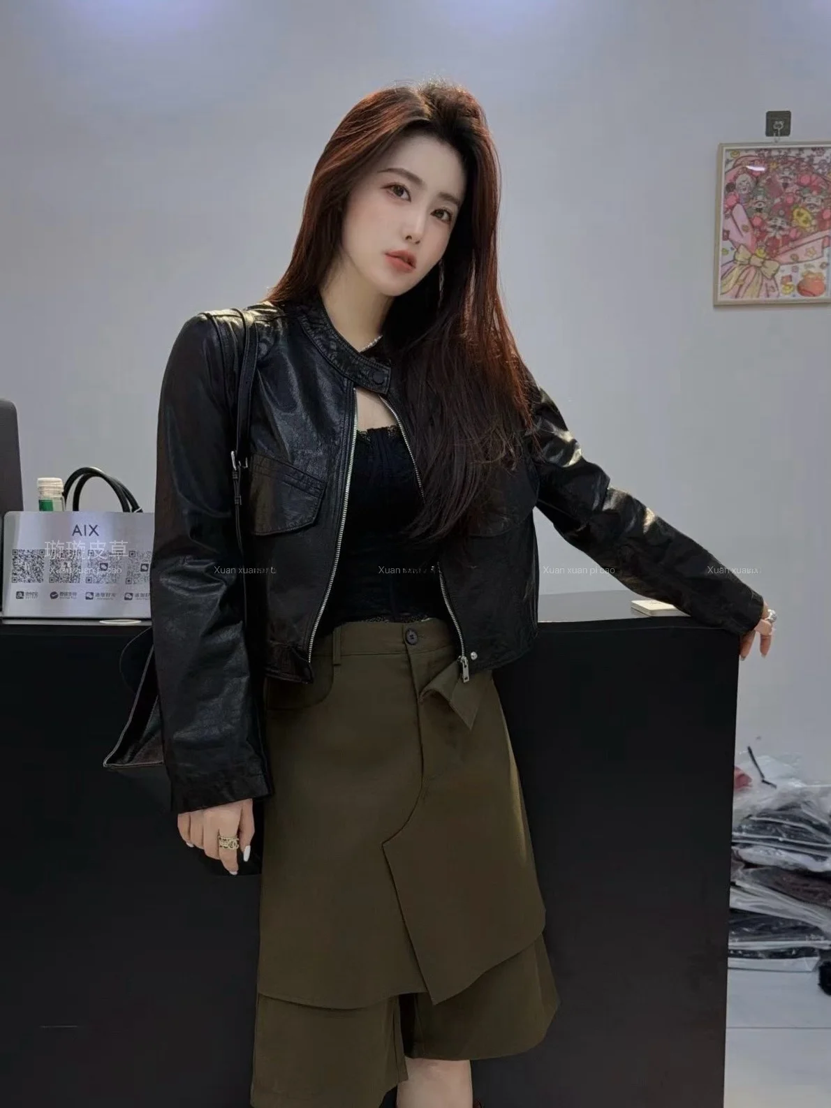 

Ning 2026 New Sle Women's Leather Jaet eepskin Coat Luxury Feel Long Sve Flip Collar Regular Length Inner Fce