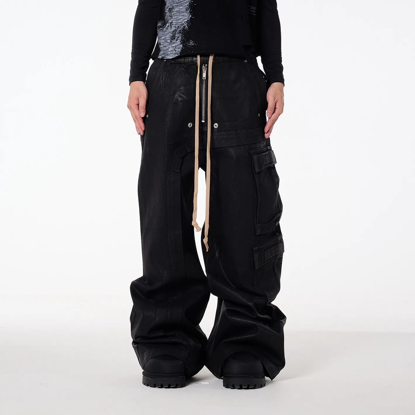 Fashion American Retro Visual Brush Wax Coating Multi-Pocket Wide Leg Mopping Cargo Jeans