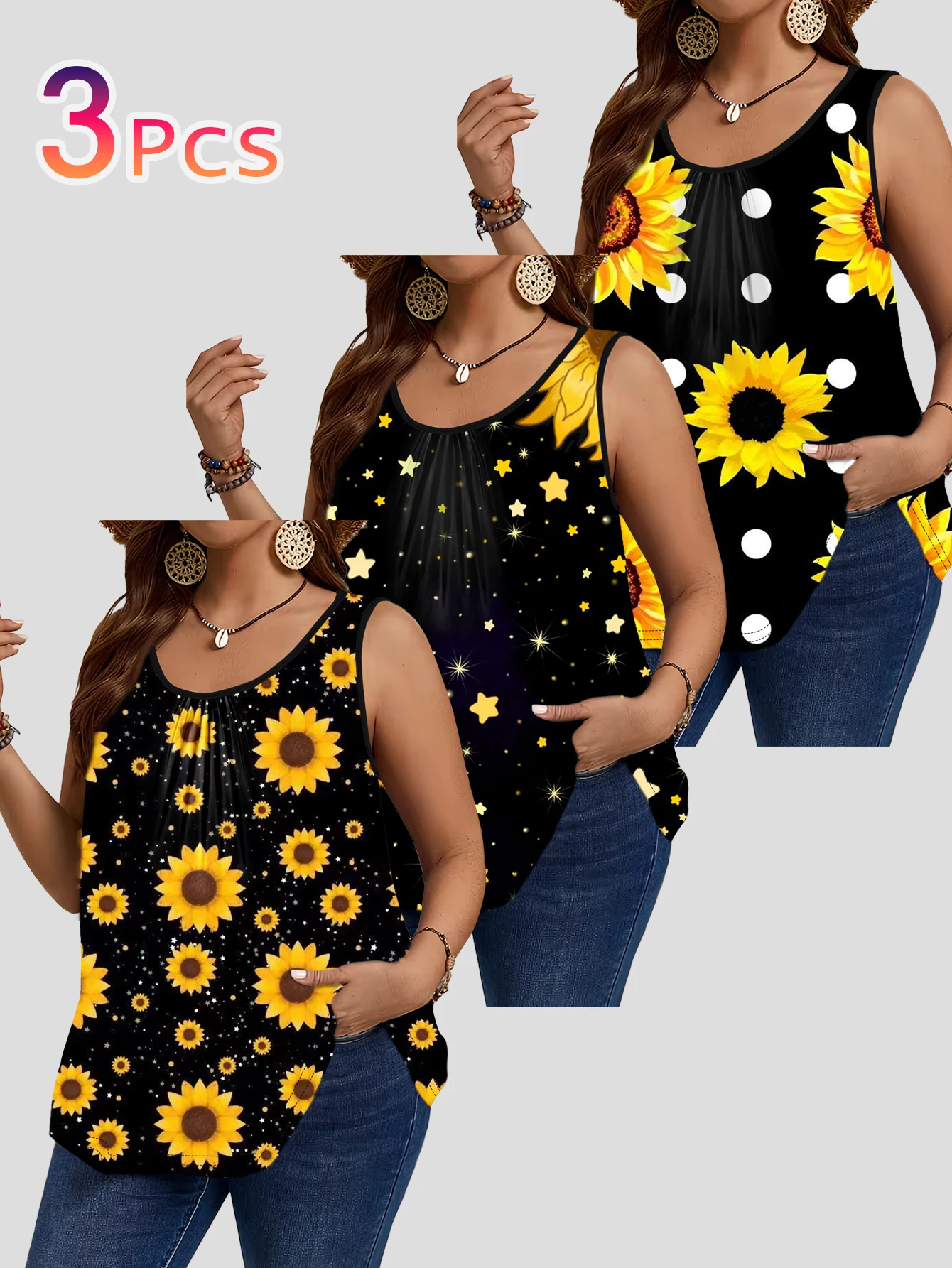 3-Piece Set of Sunflower Print Sleeveless Vests for Women, Large Size, Round Neck, Pleated, Loose-Fitting, Casual Tank Tops for Outerwear