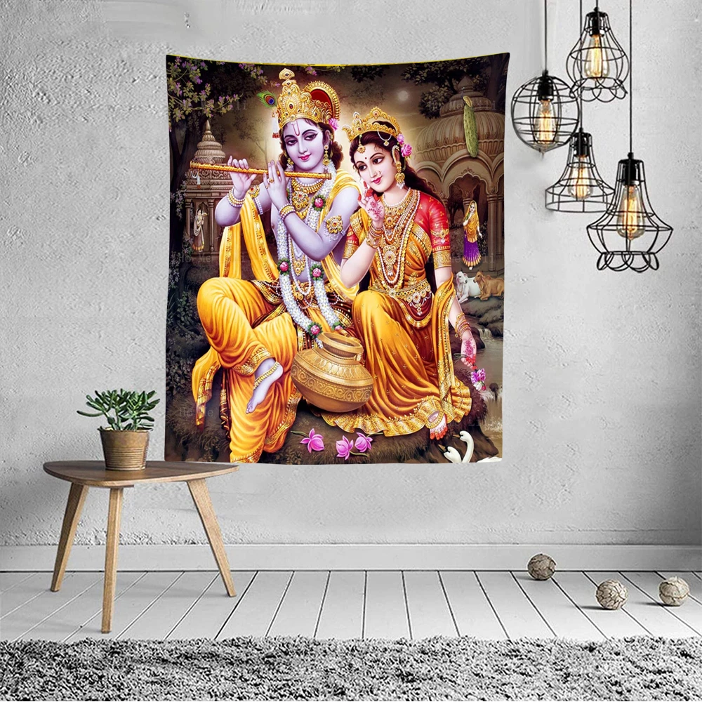 Lord Krishna With Radha And Cow Calf Colorful Rare Religious Hindu Gods Tapestry By Ho Me Lili For Designer Room Accessories