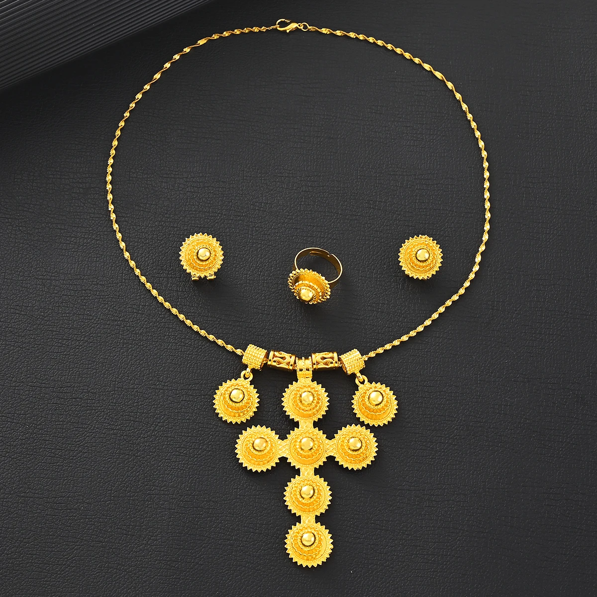 Africa/Saudi Arabia Classical Gold Plated Handmade Cross Necklace Earrings Ring Headchain Gifts Wedding Set For Women