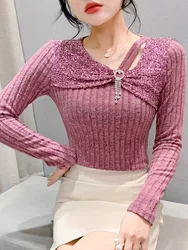 Women Irregular Sequined Collar T-shirt Tee Girls Solid Slim Fashion Tees Stretchy Slim T shirts Tops For Female