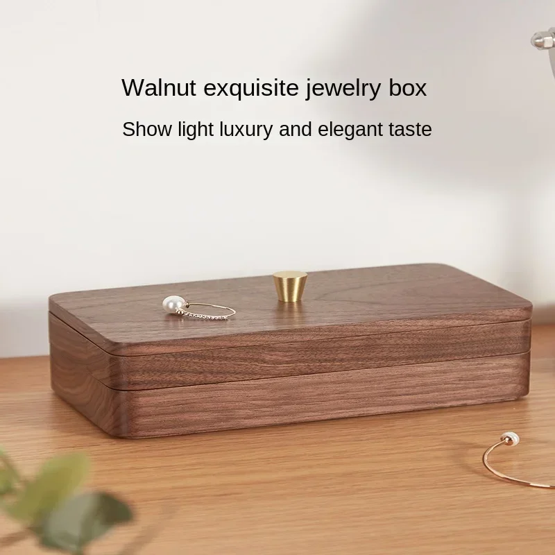 Solid Wood Jewelry Box Brass Embellishments Round Smooth Organizer for Earrings and Necklaces