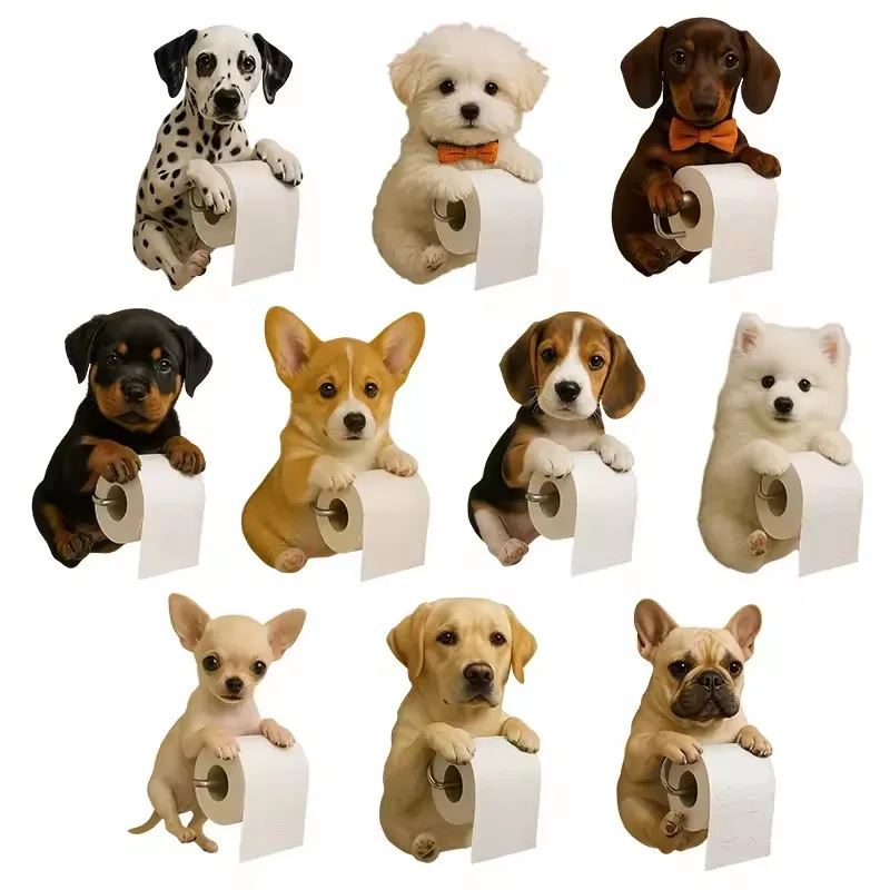 Resin Dog Toilet Paper Holder Decorative Space Saving Wall Mount Tissue Dispenser Easy Installation Multifunctional