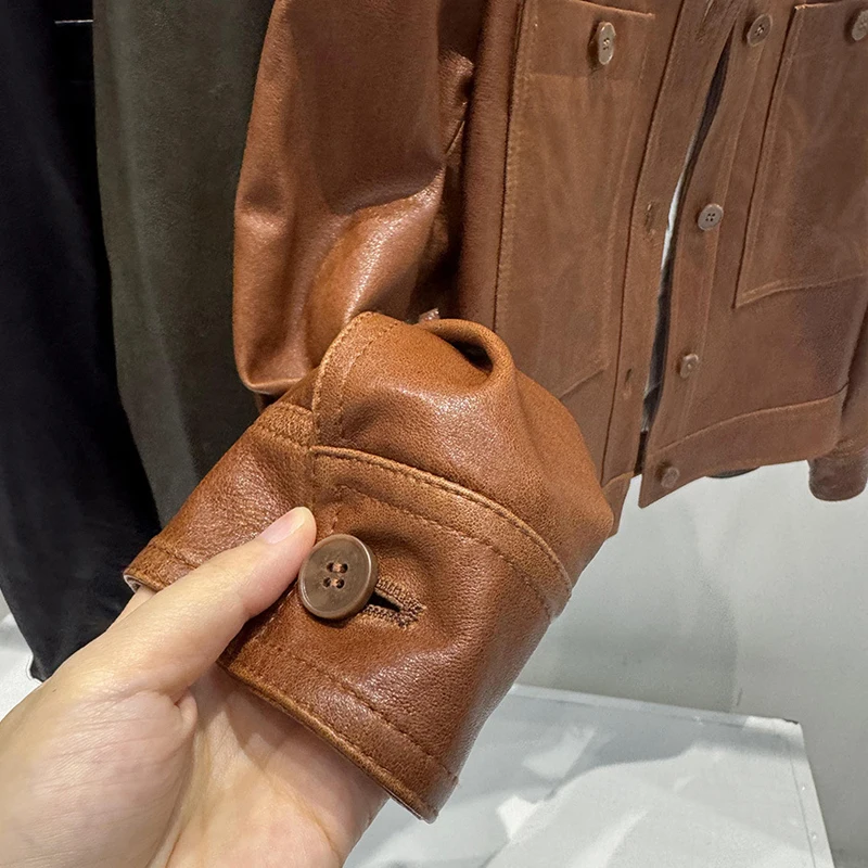 レトロオイルワックスレザー女性本革ジャケットコート 2026 春のファッションスタンドカラー女性カジュアル A レベルシープスキンジャケット