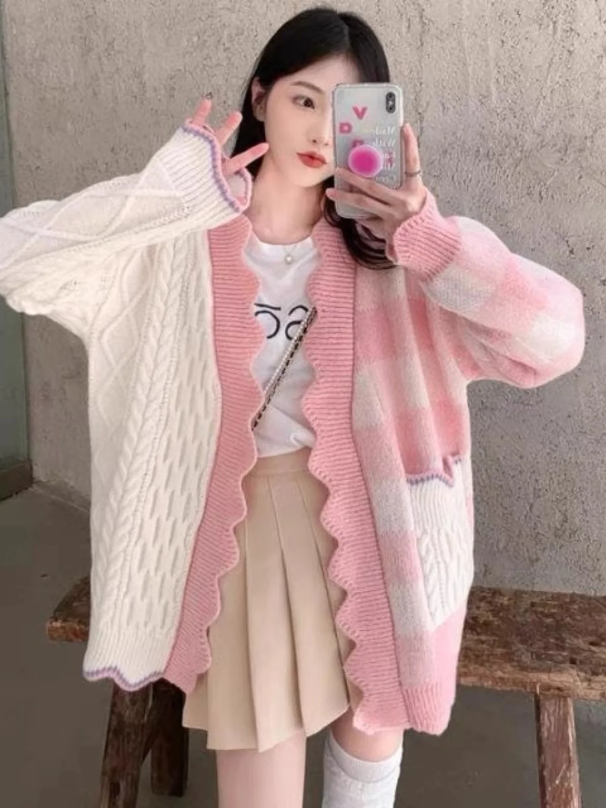 Blue Spliced Color Cardigan Sweater For Women Autumn Winter Knitted  Sweet Top Japanese Style Female Pink Mid-Length Wear Coat