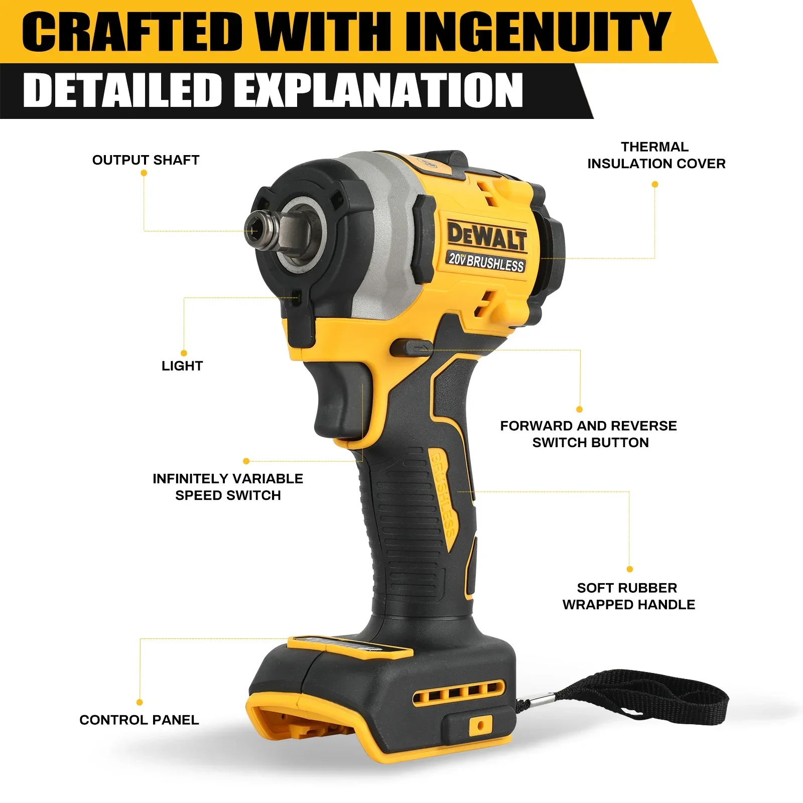 For DEWALT DCF850 20V Brushless Impact Wrench 13mm Square Drive 203Nm Torque 0-2700IPM Auto Repair Mechanical Fastening tools