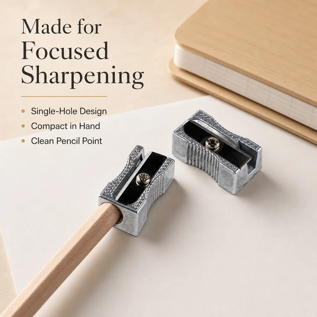 Single Hole Metal Sharpener - Smooth, Low Shavings, Sharp Blade, Non-Flying Shavings, Durable Metal Design