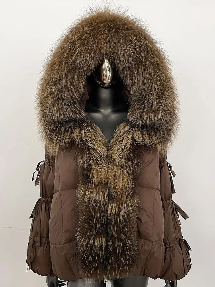 Winter Duck Down Coat Hooded Lady Big Real Fur Coat Real Fox Fur Warm Puffer Jacket Women Parkas Natural Fur Coat Female
