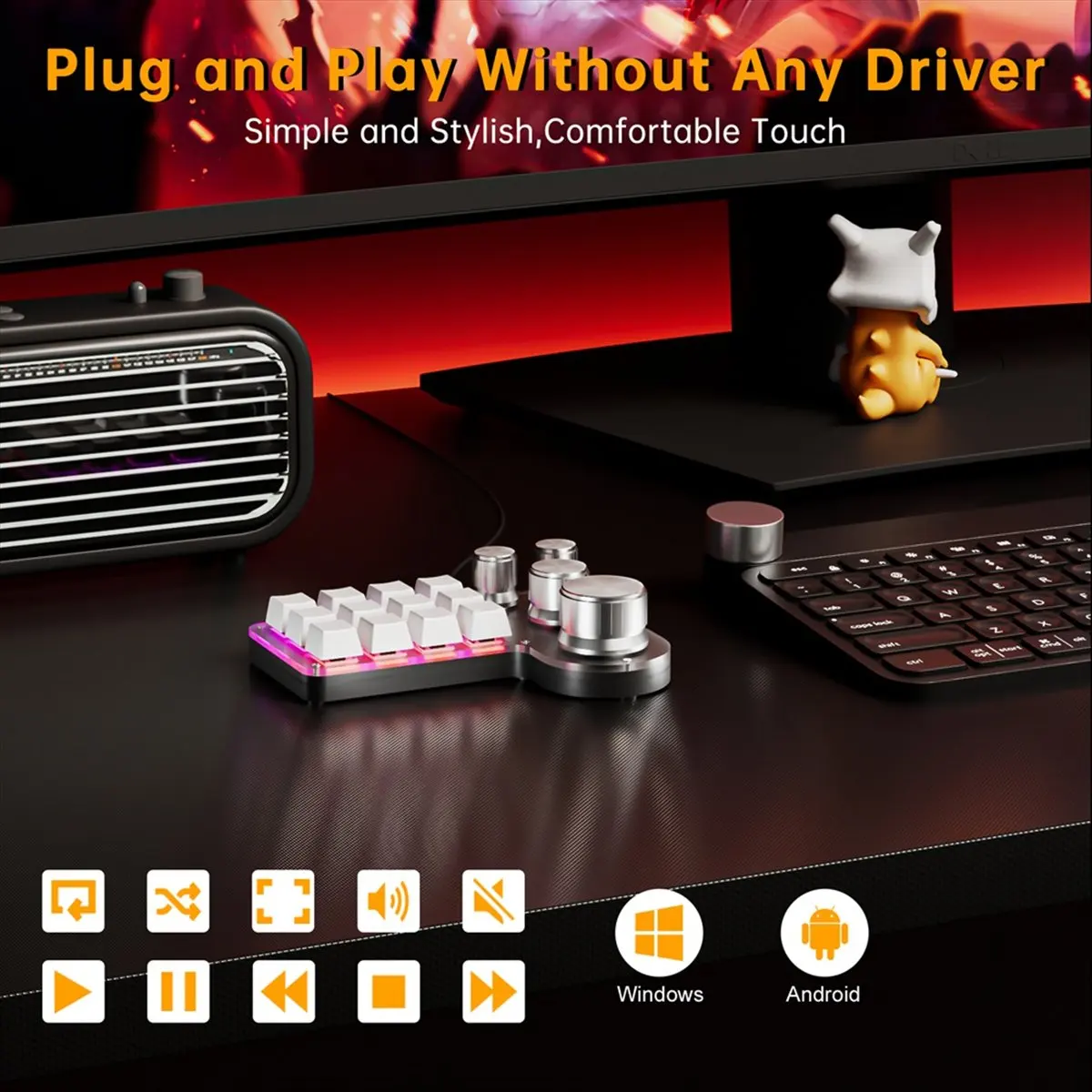 #(Upgraded)Custom Macro Keyboard 12 Keys 4 Knobs Mini USB Mechanical Keyboard Programming Macro Gaming Keypad Black